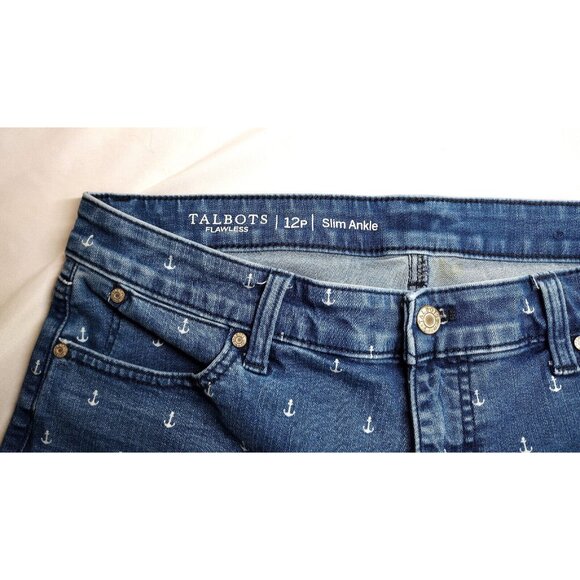 Talbots Flawless Slim Ankle Jeans Womens 12P Blue Denim Anchors Sailor - Picture 3 of 6